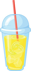 Lemonade in plastic cup with red straw. Cartoon drink icon