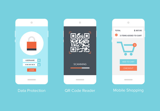 Flat vector collection of modern mobile phones with different user interface elements.