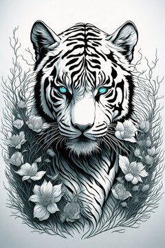A detailed illustration of vintage tiger head, flowers splash, print, t-shirt design.	