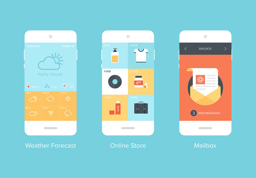 Flat vector collection of modern mobile phones with different user interface elements.