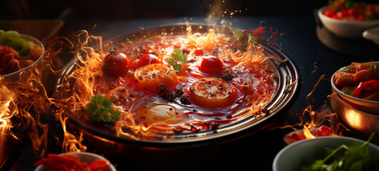 hot pot tempting aroma vibrant red food flying out C4, generative ai