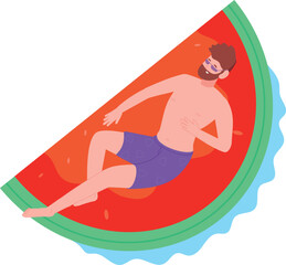 Man swimming on inflatable mattress. Summer rest joy