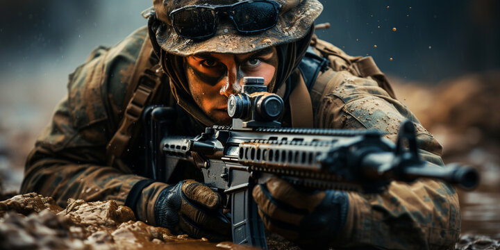 Soldier pointing his gun. Generative AI