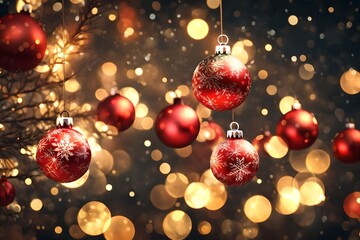 Obraz na płótnie Canvas Red christmas balls on christmas tree with bokeh blurred lights