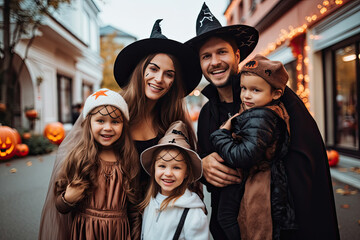 family portrait of a couple with three children, dressed as witches for Halloween, in the street with Halloween decorations