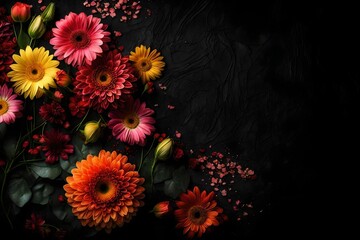 Flowers Bouquet and Black Texture Background with Copy Space