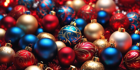 Fototapeta na wymiar Christmas illustration with blue, red and golden balls and other decorations. Generative AI
