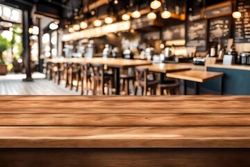 Empty wooden table over blurred coffee shop background
