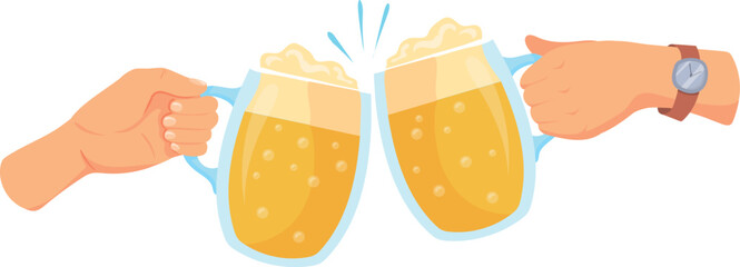 Cheers with beer mugs. Cartoon pub glass icon