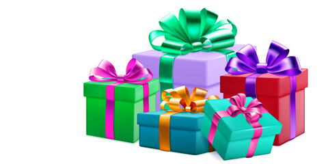 Festive illustration with several colored gift boxes with ribbons and bows