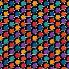 Paint brush hexagons. Hand drawn honeycombs background. Hexahedrons wallpaper. Hives motif. Geometric backdrop. Ethnic digital paper. Web designing. Textile print. Seamless pattern