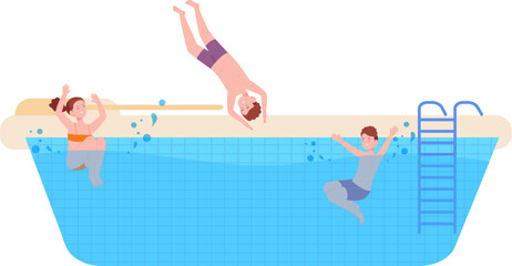 Kids swimming in pool. Happy boys and girl having fun