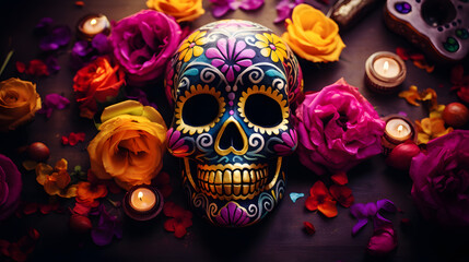 Traditional Día de Muertos altar with vibrant skull and flower accents.