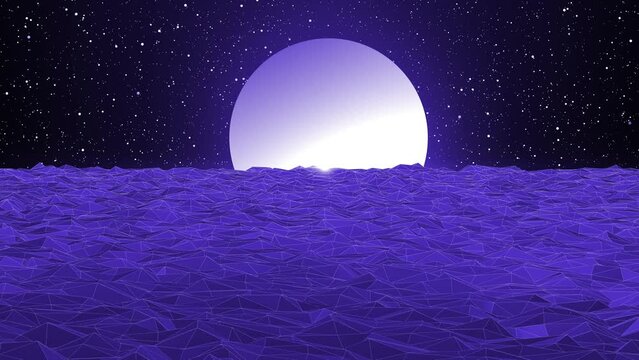 Retro Animation With Low ploy And Sun. Sun And Stars Moving 80`s Style Retro Background, Loop Animation Of Futuristic Retro Grid. Futuristic Wire Frame Grid Background Retro