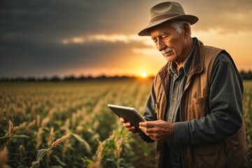 A modern farmer in a corn field using a digital tablet to review harvest and crop performance, ESG concept and application of technology in contemporary agriculture practices