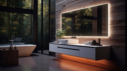 A bathroom with a backlit mirror and a floating vanity