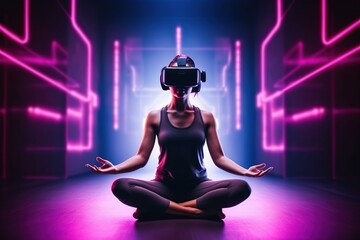 Young woman wearing VR augmented reality goggles in futuristic corridor of virtual art gallery exhibition, surreal world and virtual reality, Generative AI - obrazy, fototapety, plakaty