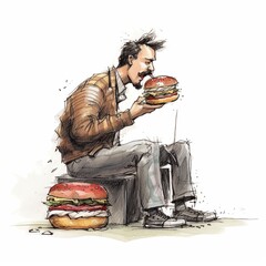 Man eating hamburger , figure drawing 