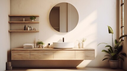 A bathroom with a floating vanity and a wall-mounted mirror