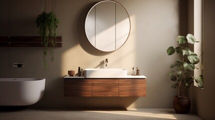 A bathroom with a floating vanity and a wall-mounted mirror