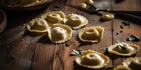 Fototapeta premium Fresh Ravioli pasta on wooden background. Homemade pasta.