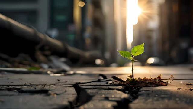 a small plant growing out of a crack in a city street, representing hope, new day, light at end of tunnel, new starts, survival, overcoming challenges, generative ai. 