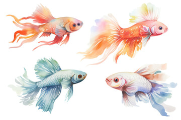 multi-colored decorative watercolor fish set underwater world