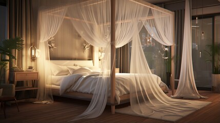 A bedroom featuring a canopy bed and flowing sheer curtains