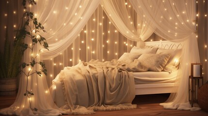 Fototapeta na wymiar A bedroom with a canopy of sheer drapes and delicate fairy lights
