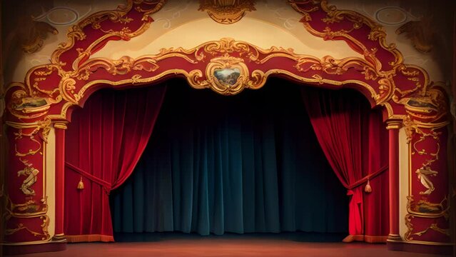 Opening Red Curtain with arch entrance on a Grand Stage Theatre, Generative AI