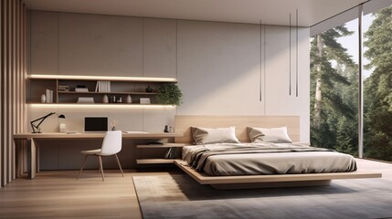 A bedroom with a minimalist workspace integrated into the design