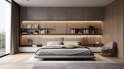 Fototapeta na wymiar A bedroom with a minimalist workspace integrated into the design