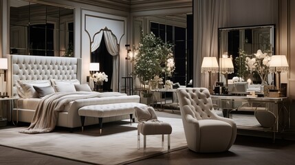 A bedroom with a mirrored dressing table and a tufted headboard