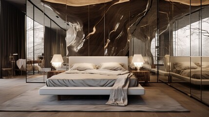 A bedroom with a mirrored wall that creates an illusion of space