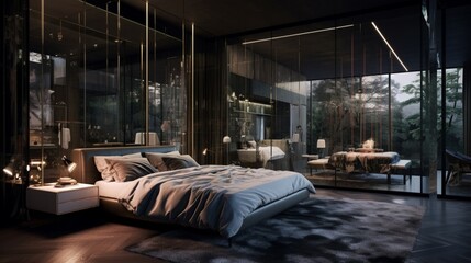 A bedroom with a mirrored wall that creates an illusion of space