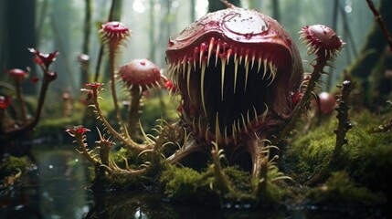 Mutated Venus flytrap monstrosity with nightmarish huge mouth filled with rows of sharp piercing teeth, flesh eating plant in very dangerous alien planet swamps, blood red color - generative AI