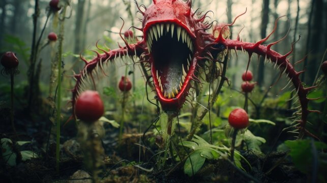 Mutated Venus flytrap monstrosity with nightmarish huge mouth filled with rows of sharp piercing teeth, flesh eating plant in very dangerous alien planet swamps, blood red color - generative AI