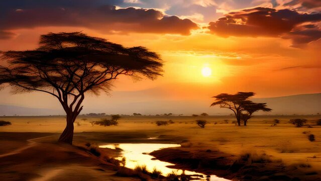 Africa plain at sunset, stunning Scenic World Video Landscapes Timelapse, Generative AI
