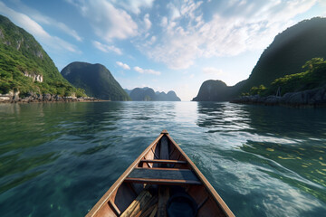 POV wooden boat. Sailing in a boat through the Vietnam sea. View from the boat at Vietnam bay , with a dense forest on the shore and blue sky. Generative AI - obrazy, fototapety, plakaty