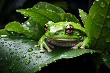 FROG ON A BIG GREEN LEAF, UNDER THE RAIN.