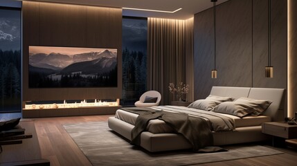A bedroom with a wall-mounted TV and integrated sound system