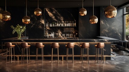 A black marble bar counter with a brushed metal footrest and pendant lights