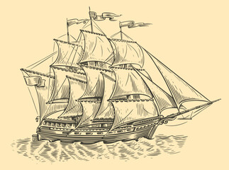 Sailing ship sketch. Old sailboat sails on the sea waves in vintage engraving style. Vector illustration