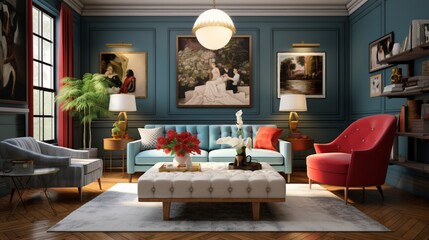 A blend of vintage and contemporary design in an eclectic living room