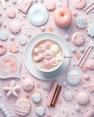 Obraz na płótnie Canvas A flat lay composition of cookies and coffee on a table, with some cookies partially submerged in the coffee. Predominantly pastel tones, mostly white and pink, evoke and emphasize the winter season.