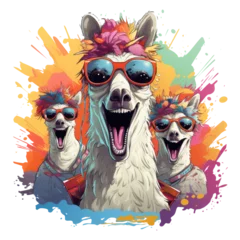 Zelfklevend Fotobehang A comedic llama t-shirt design capturing a humorous scene of llamas participating in a talent show, dressed in quirky costumes, Generative Ai © moondesigner
