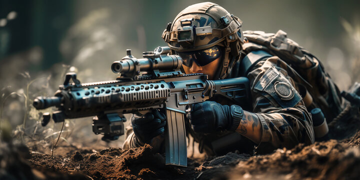 Soldier lying on the ground pointing his weapon at the enemy. Generative AI