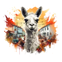 Poster A captivating llama t-shirt design capturing a scene of llamas in a bustling market square, surrounded by stalls filled with exotic fruits, Generative Ai © moondesigner