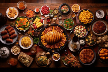 Fototapeta na wymiar American traditional food from above on the table, generative ai