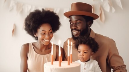Happy Afro family celebrates birthday with cake in a studio background. Generative AI